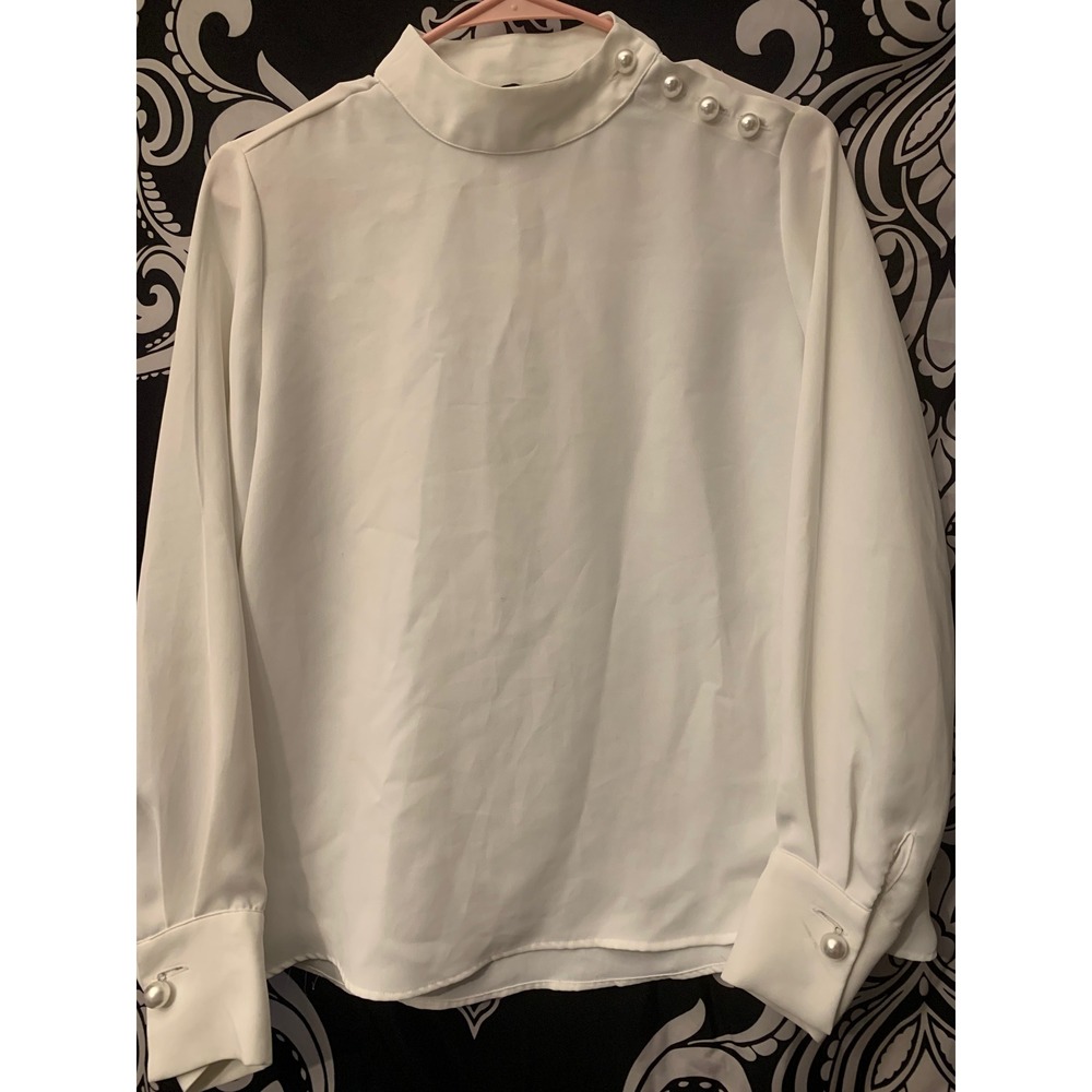 Zara Basic White Mock Neck Blouse Pearl Button Shoulder‎ Long Sleeve Small